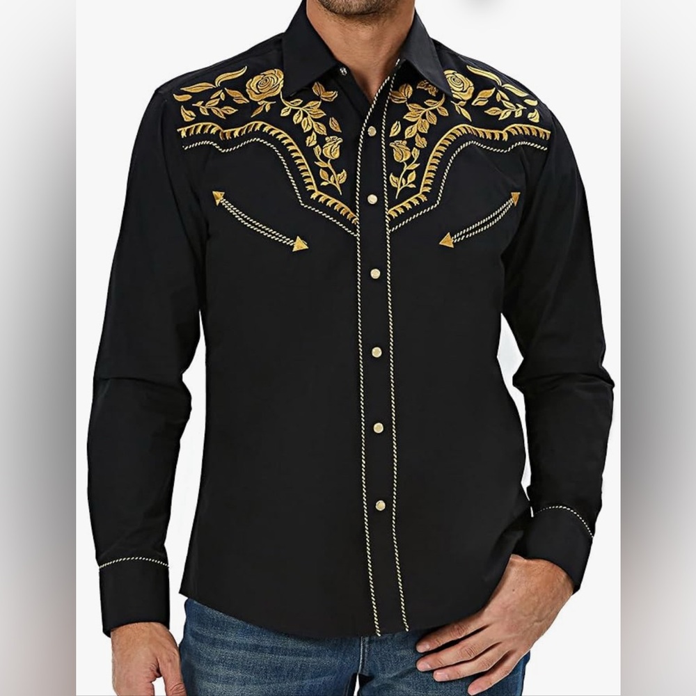 Salvaje Oeste Mens Western Shirt Black with Gold Embroidery size M